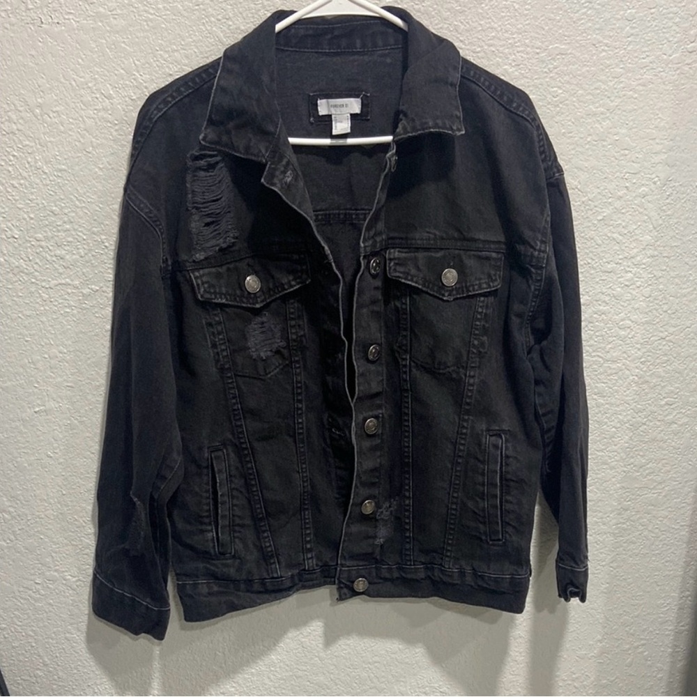 Forever 21 Distressed Black Denim Jacket